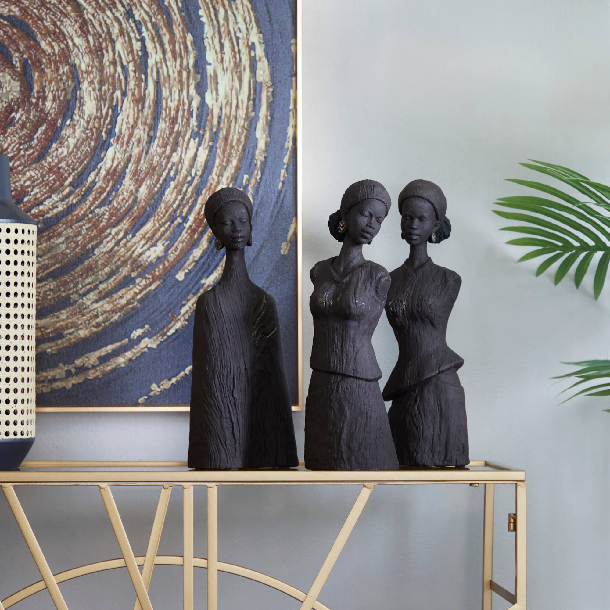 Dark Gray Polystone African Woman Sculpture Set